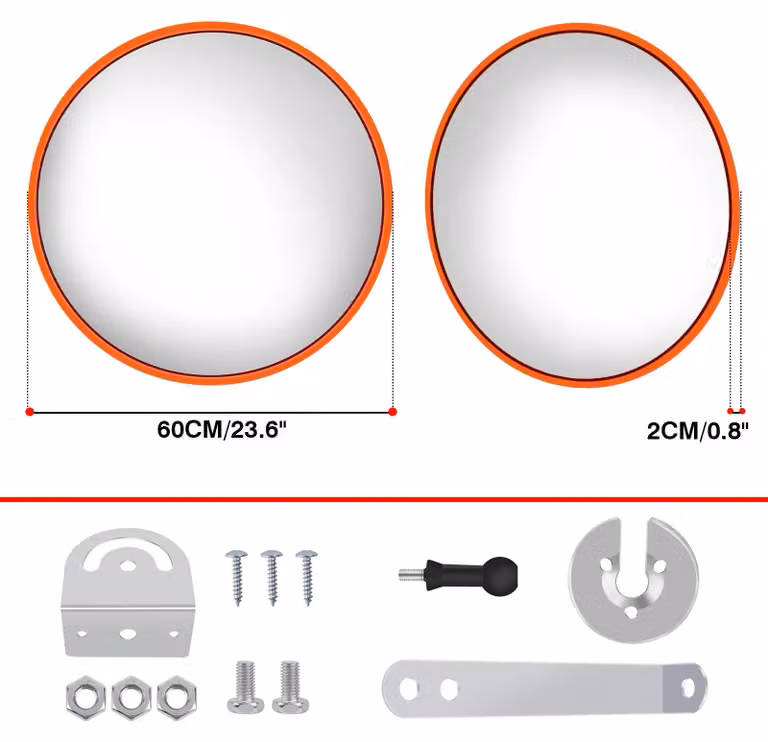 Specchio di sicurezza convesso da 60 cm - Angolo di visione di 130° - Altamente resistente e infrangibile - Montaggio a parete - Supporto regolabile con viti - Ideale per magazzini, uffici e parcheggi - Colore: arancione