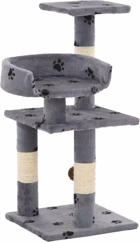 The Living Store Posto per gatti con colonne in sisal da 65 cm con stampa a zampa, grigio