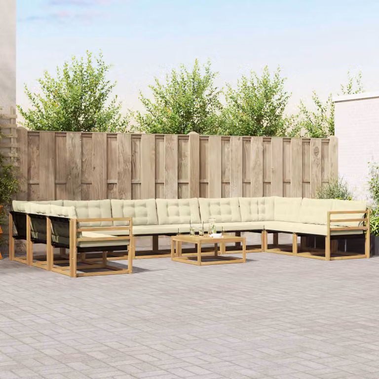Set di divani da esterno vidaXL a forma di U composto da 11 pezzi in legno di acacia con cuscini bianchi e beige