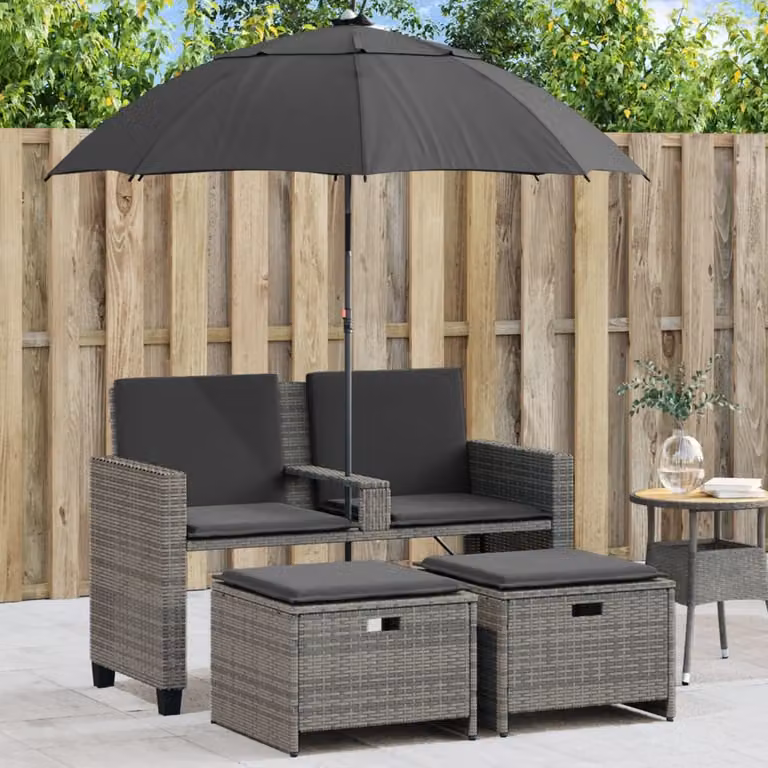 Set da giardino vidaXL composto da divano a 2 posti con cuscini e pouf in rattan grigio e nero con struttura in acciaio verniciato a polvere