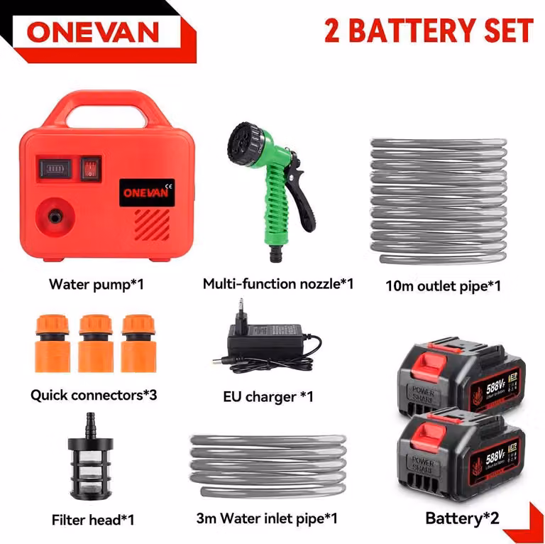 Pompa ad acqua a batteria - Pompa elettrica da giardino - 260 W - 18 V - Portatile per l'irrigazione del giardino - Set con 2 batterie e caricabatterie UE - Rosso