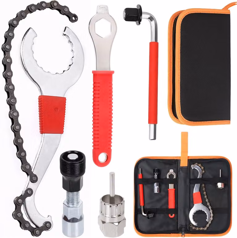 Kit di riparazione per biciclette, composto da 7 pezzi, con un utensile multifunzione 3-in-1, martello per catena, estrattore per pedivelle, ideale per la manutenzione della bicicletta