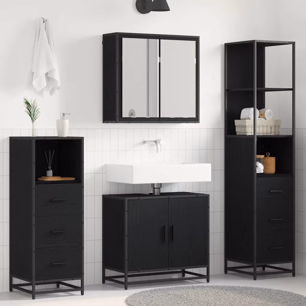 Set di mobili per il bagno moderno vidaXL composto da 4 pezzi in legno e metallo nero opaco con armadietto a specchio, mobile lavabo, colonna alta e mobile laterale – 1