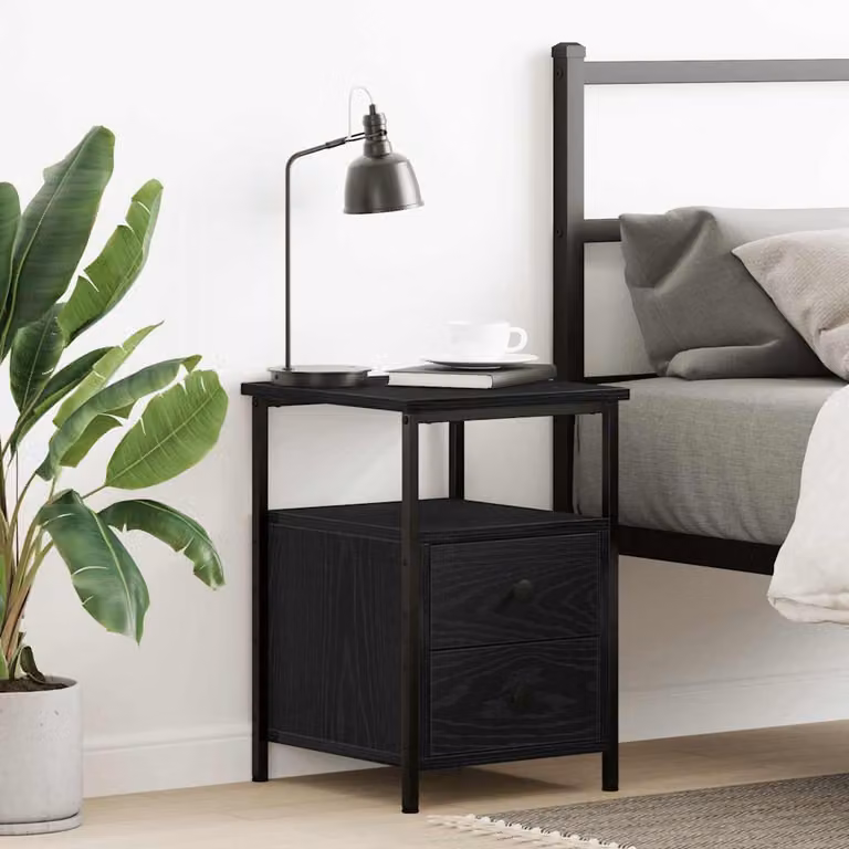 Comodino moderno vidaXL in legno e metallo nero, sospeso a parete, L: 34 cm, P: 35,5 cm, H: 50 cm