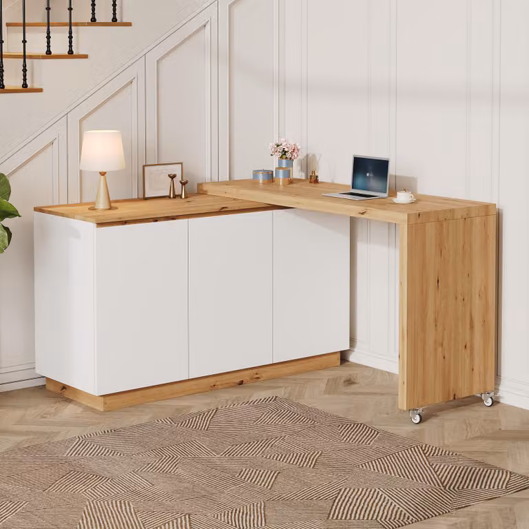 Scrivania Stilvora con ruote bloccabili, scrivania pieghevole con piano girevole, scrivania angolare con piano di 4 cm di spessore, mobile contenitore
