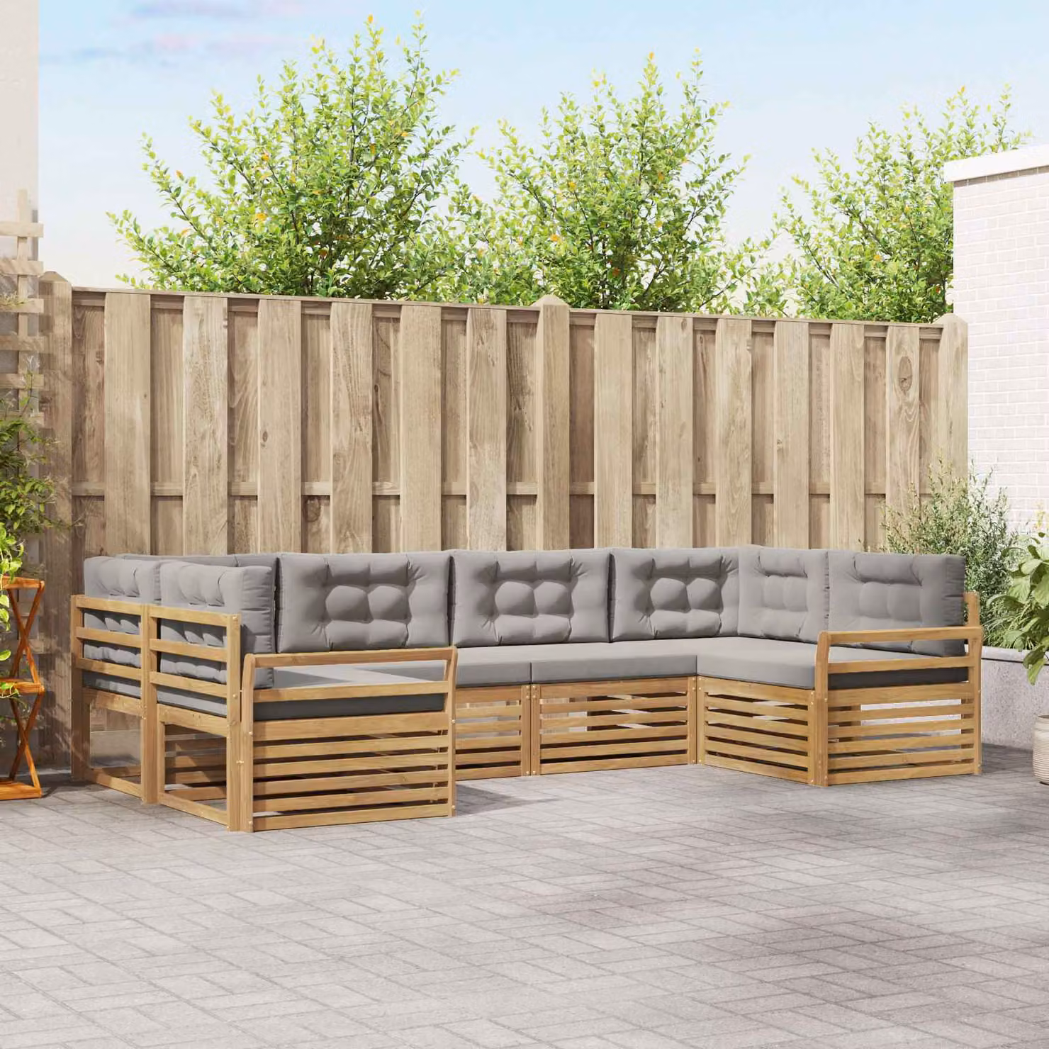 Set di divani da esterno vidaXL a forma di L composto da 6 pezzi in legno di acacia trattato, colore bianco e grigio chiaro