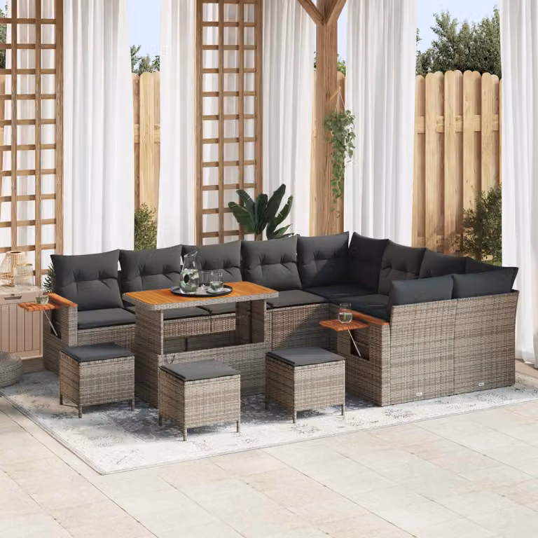 Set Divano da Giardino Moderno vidaXL in Polyrattan Grigio con 13 Pezzi e Cuscini Inclusi