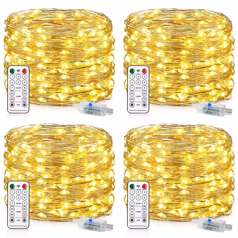 Catena luminosa a LED con alimentazione USB, 15 metri, 150 LED, 8 modalità. 4 catene luminose a LED con cavo in rame e connettore USB, con timer. Catena luminosa impermeabile, adatta per interni ed esterni, ideale per Natale, feste e decorazioni. Luce cal
