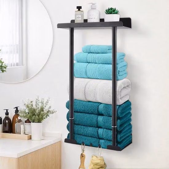 Supporto flessibile per doccia, senza necessità di foratura, con base autoadesiva, dotato di ripiano e gancio, ideale per bagno e toilette, regolabile da 38 a 75 cm, colore nero