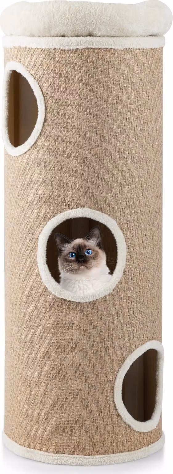 COSTWAY tiragraffi a 4 livelli, alto 113 cm, tiragraffi a botte per gatti con 3 grotte, 2 tiragraffi in sisal, lettino in peluche e tappetino in bambù, albero per gatti