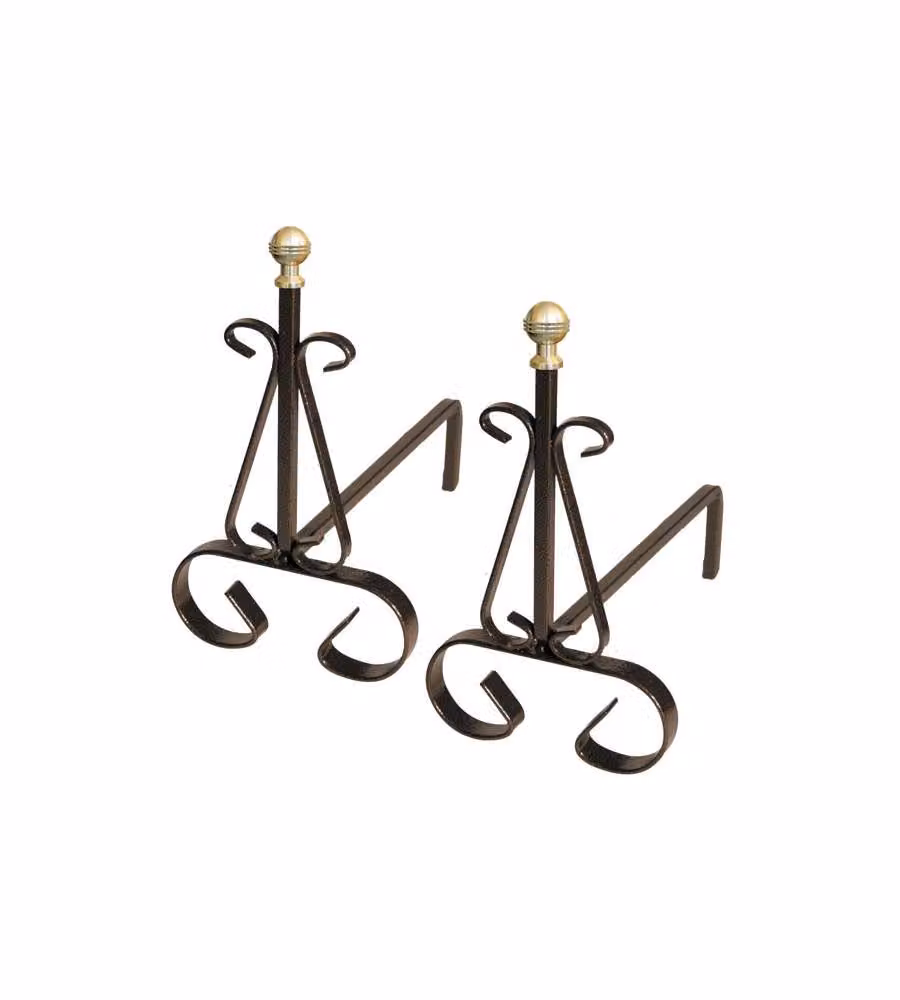 Coppia Alari da Camino in Ferro Battuto Nero con Pomoli in Ottone 25cm