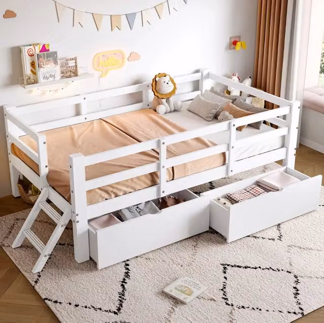 Letto singolo a piattaforma 90x200 cm bianco con 2 cassetti