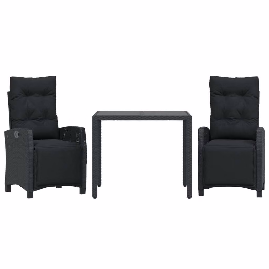 Set da Pranzo da Giardino 3 pz con Cuscini Nero in Polyrattan