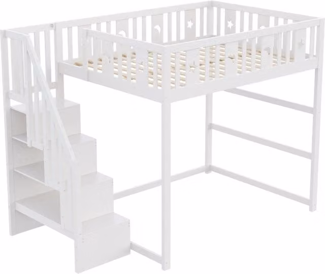 Letto a castello per bambini 140x200 cm in legno massiccio con scala, ringhiera di sicurezza e decorazioni a stella e luna, bianco