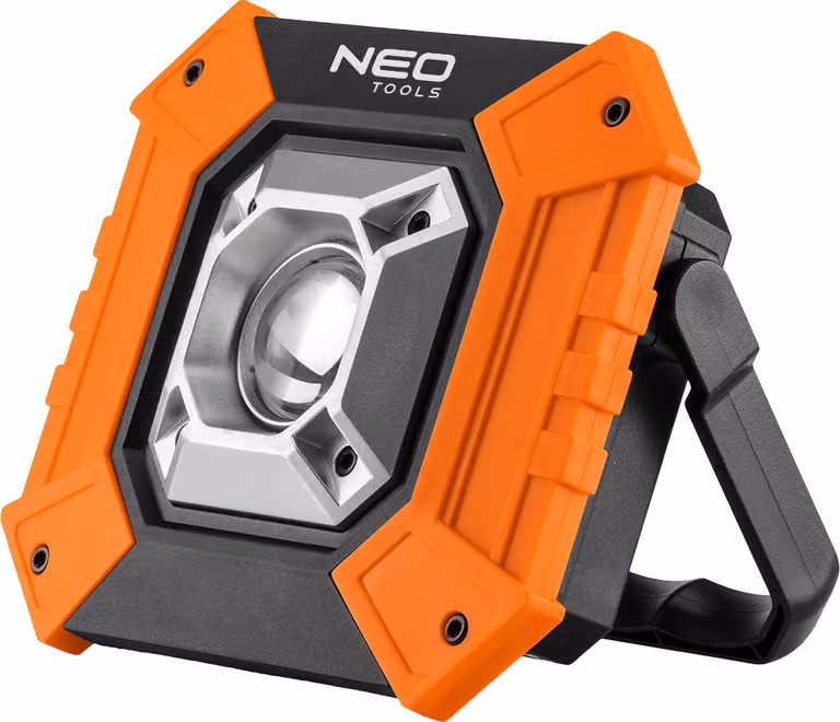 Luce a batteria NEO TOOLS, potenza 10W, 750 lumen, LED COB, funzione power bank, alimentazione 3xAA o 2x batterie ricaricabili, IP20, materiale dell'alloggiamento ABS, supporto, 3 funzioni luce 100%, 50%, stroboscopio