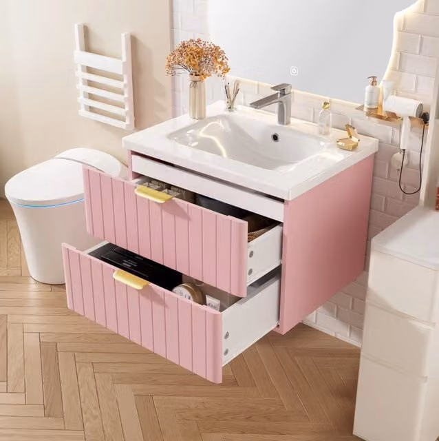 Mobiletto lavabo sospeso con lavandino in ceramica, doppio spazio, MDF, Rosa/Bianco