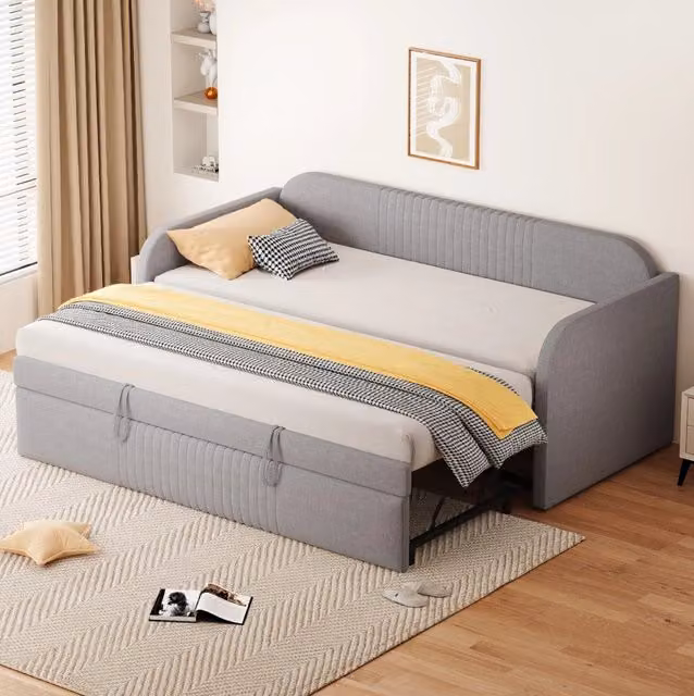 Divano letto estraibile 90/180x190 cm in lino grigio chiaro con rete a doghe HAVRYA