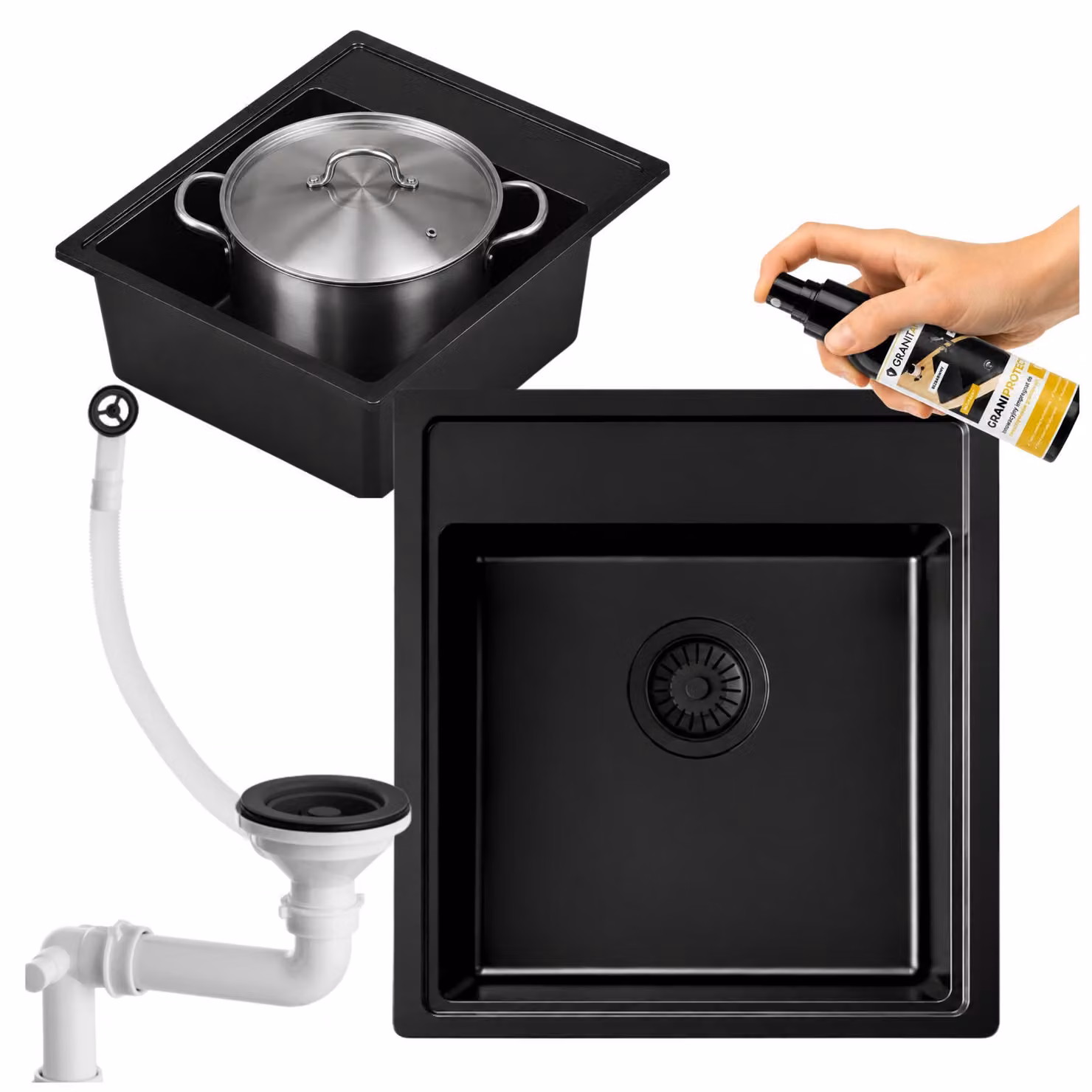 Granitan | Lavello in granito - Lavello da incasso 44x51 cm - Lavello da cucina nero - Lavello con sifone e trattamento impermeabilizzante - CELINA 44