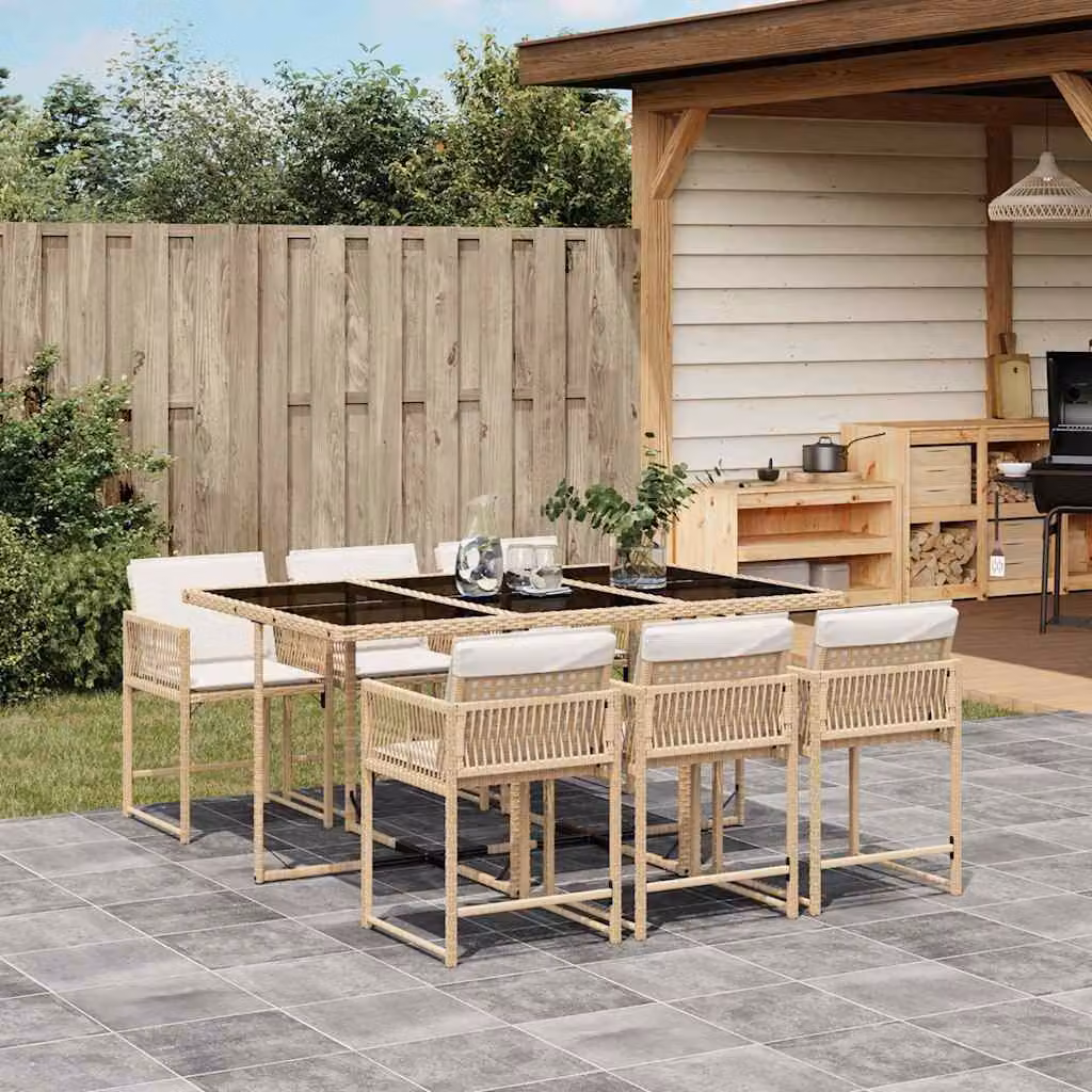 vidaXL Set da Pranzo da Giardino 7 pz in Polyrattan con Cuscini Beige e Tavolo in Vetro – 1