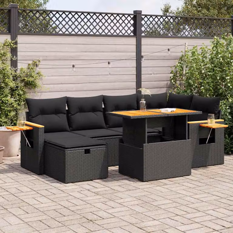 Set Divano da Giardino a L vidaXL in Polyrattan Nero con 8 Cuscini e Tavolino da Esterno