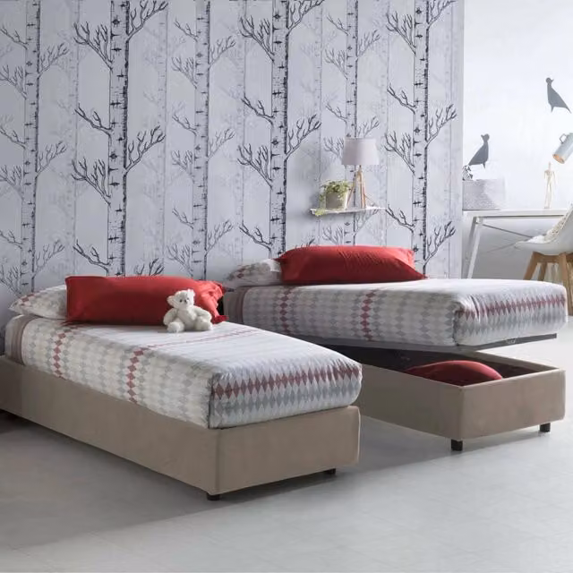 Letto singolo contenitore Agenta di Talamo Italia con materasso incluso, rivestimento in tessuto beige, apertura frontale, dimensioni materasso: 80 x 190 cm