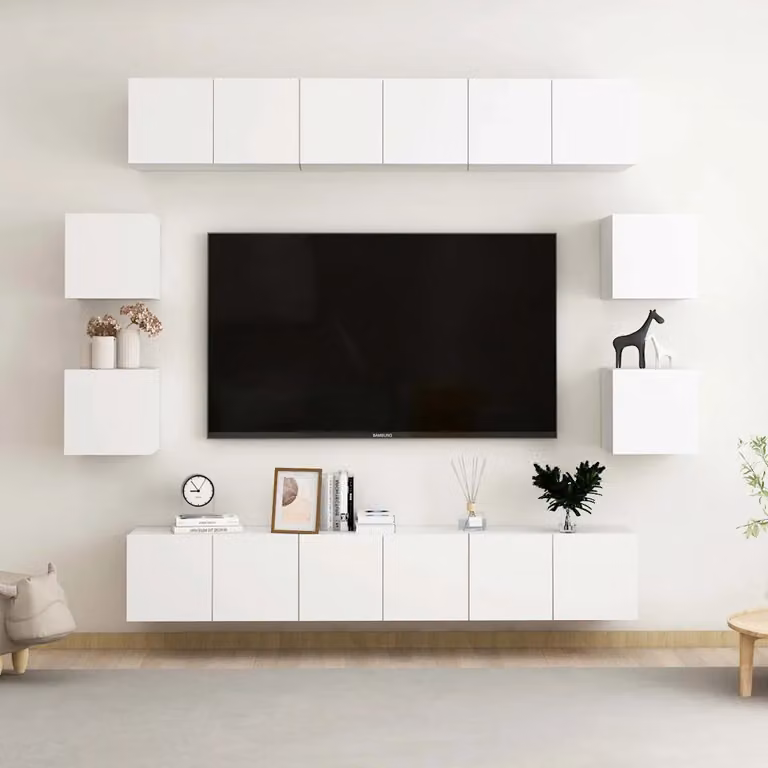 Set di mobili porta TV moderno vidaXL in legno multistrato bianco da 10 pezzi per soggiorno con montaggio a parete