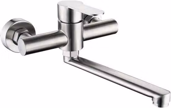 Rubinetto da cucina a parete - Miscelatore da cucina - Pulizia del lavello - Rotazione a 360 gradi - Braccio lungo 35 cm - Argento