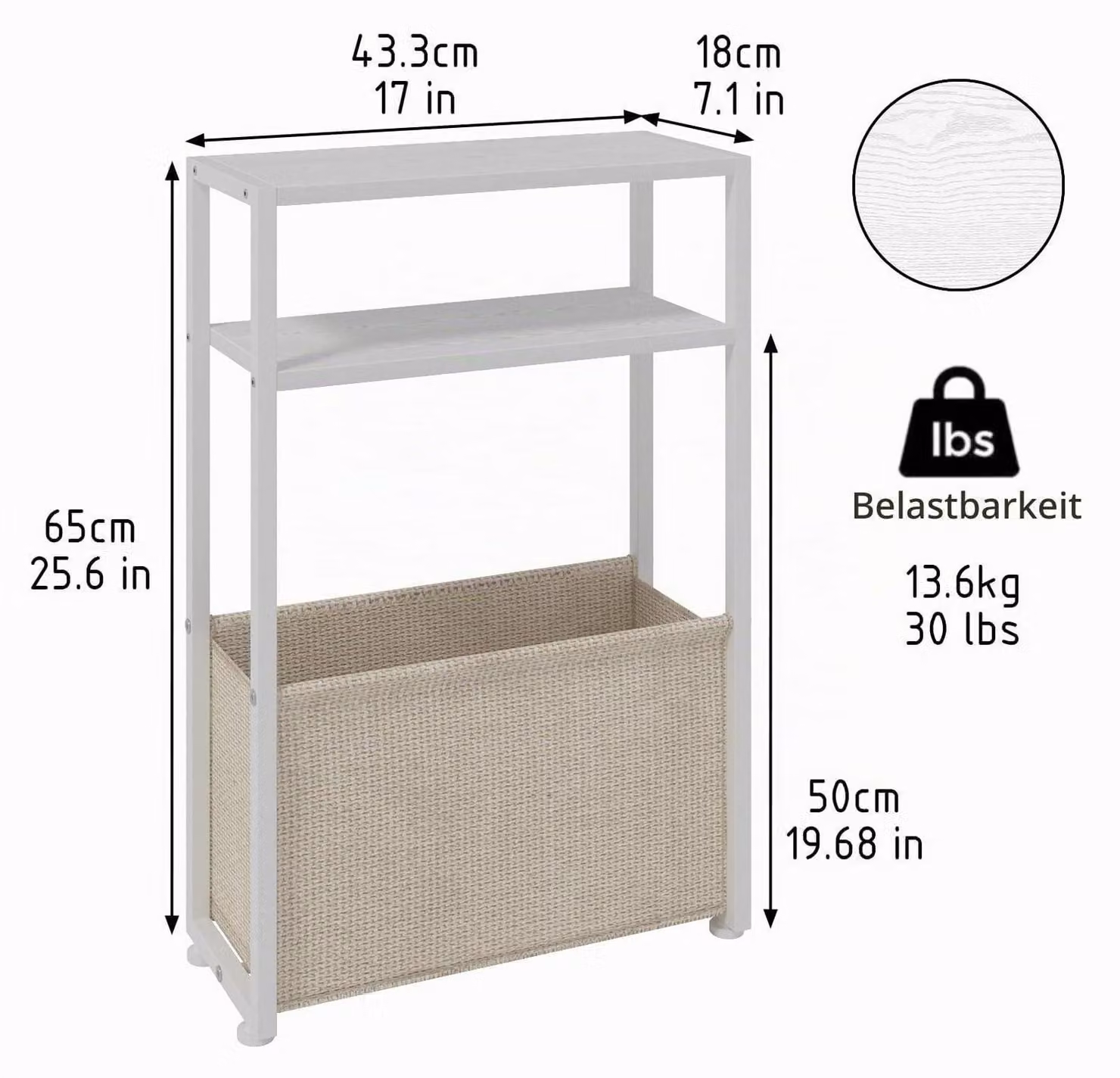 Tavolino ausiliario stretto, bianco opaco + color cammello, dimensioni 20x40x65 cm, con cesto