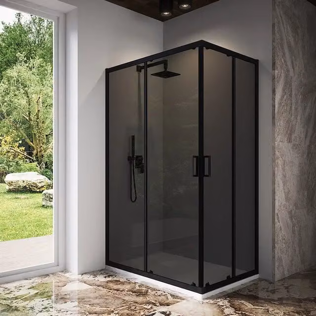 Box doccia 70x120 cm angolare scorrevole profili nero opaco vetro 6mm fumè h185 | Tonga