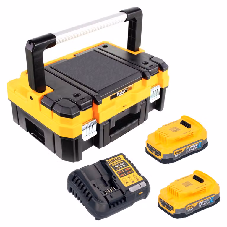 Set di avviamento a batteria DeWalt DCB 1104 E2T da 18 V con 2 batterie Powerstack da 1,7 Ah + caricabatterie DCB 1104 + TSTAK