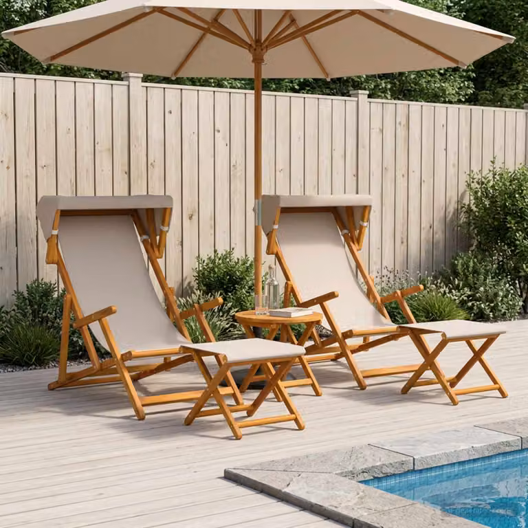 Set di 4 lettini prendisole vidaXL in legno di eucalipto massello con schienale regolabile in 3 posizioni e tessuto beige per esterno