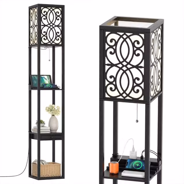 Lampada da terra moderna con 3 ripiani e cassetto e stazione di ricarica integrata, colore nero, L/P/H: 26 x 26 x 160 cm