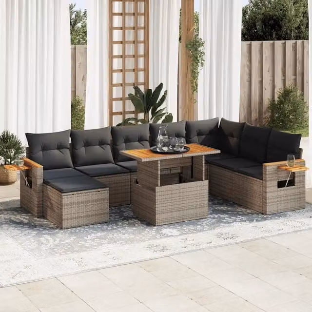 Set Divano da Giardino 9pz con Cuscini Grigio Polyrattan Acacia 3327637