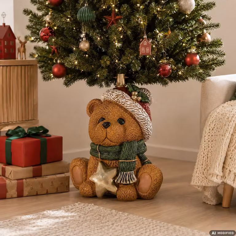 Base Albero di Natale Orso Decorativo VESTIAMO CASA, Colore Oro e Marrone, Altezza: 54 cm