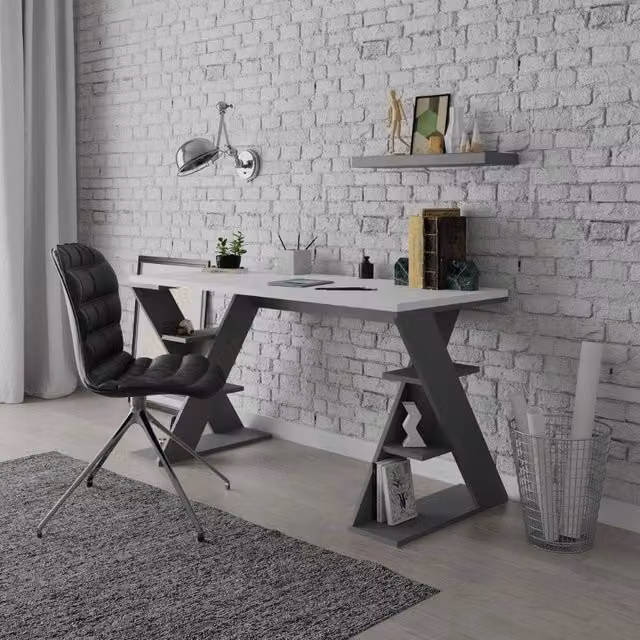 Scrivania Papillon Veriaffari moderna bianca e antracite con gambe a X L: 137 cm, P: 60 cm, H: 75 cm