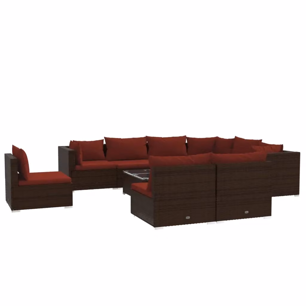 Set di Divani da Giardino a L con Cuscini vidaXL, Polyrattan Marrone e Rosso con Tavolino da Caffè e Struttura in Metallo – 2