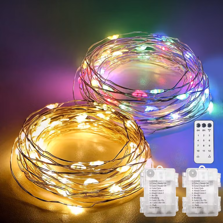 Set di 2 catene luminose a LED, lunghezza 10 metri, 100 LED, alimentazione a batteria, con telecomando
