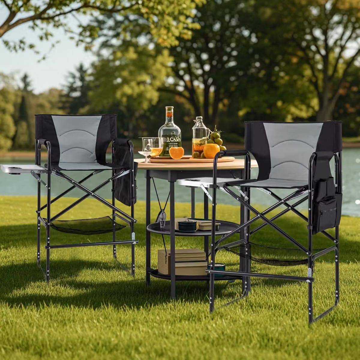 Sedia da direttore Costway con tavolo laterale pieghevole e poggiapiedi, sedia pieghevole per truccatori Nero e Grigio, Altezza: 116,5 cm