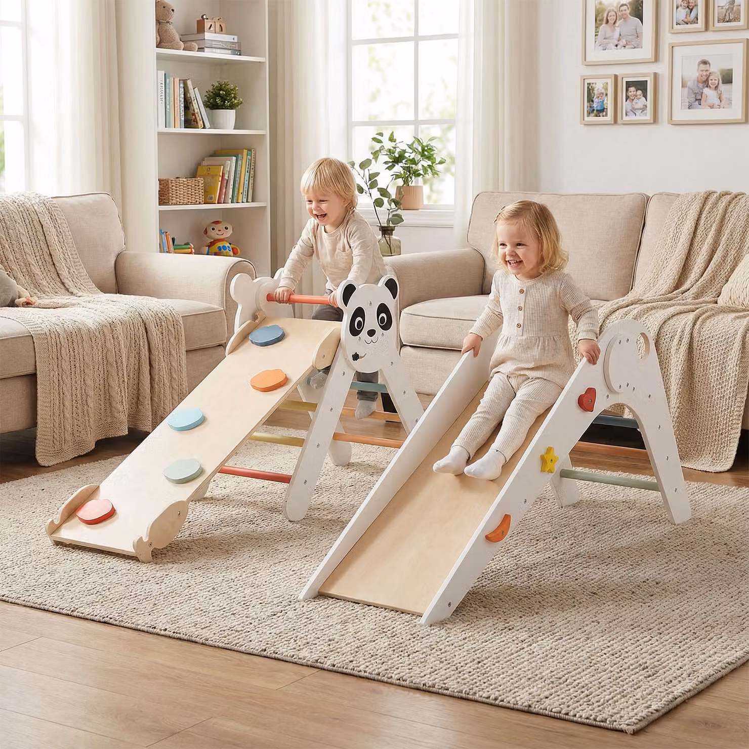Set Montessori a tema panda Costway con scivolo e rampe pieghevole in legno, Bianco
