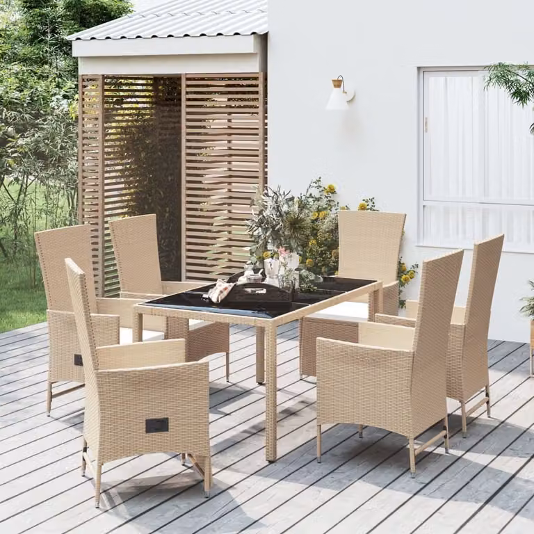 The Living Store Set da pranzo da giardino 7 pezzi con cuscini Beige poly rattan