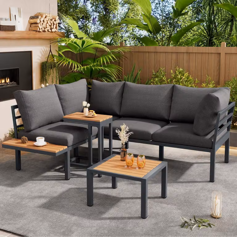 Set di mobili da giardino, divano + tavolino + tavolino da salotto (utilizzabile come poggiapiedi), tubi in acciaio zincato, piano del tavolo in legno sintetico