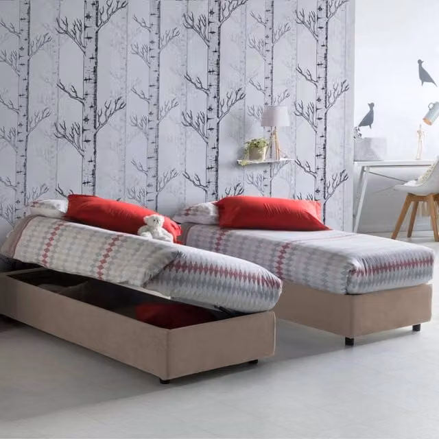 Letto singolo contenitore Abbi Talamo Italia con materasso incluso, rivestimento in tessuto beige, apertura laterale, dimensioni materasso: 80 x 190 cm