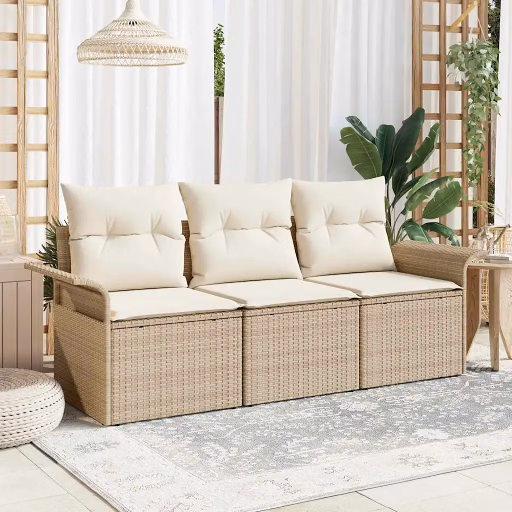 Set Divano da Giardino 3 Posti vidaXL in Rattan con Cuscini Beige e Struttura in Acciaio