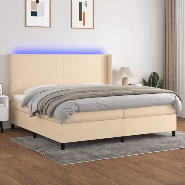 Letto a molle con materasso vidaXL in tessuto bianco e beige con illuminazione LED e porta USB L/P/H: 200 x 200 x 203 cm