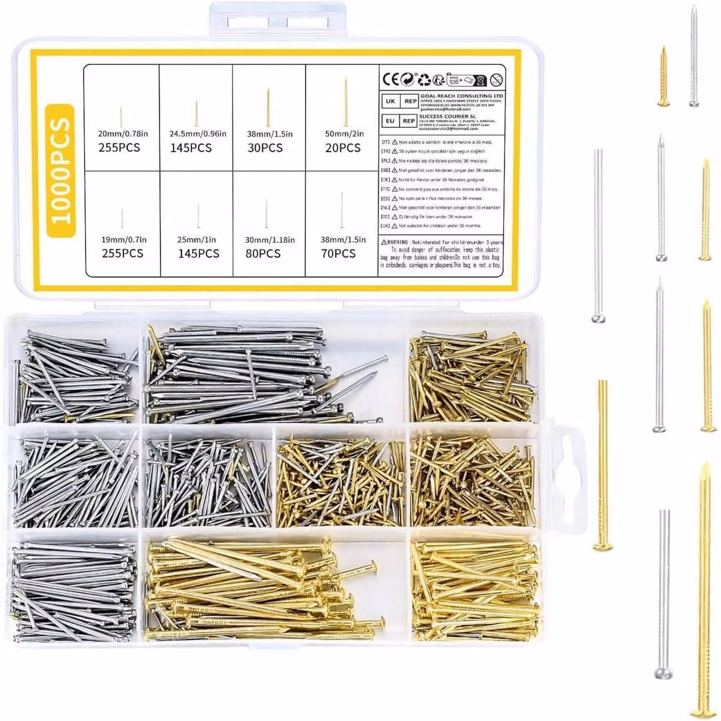 Set di 1000 chiodi a testa tonda, assortimento in acciaio dorato/argento, per lavorazione del legno e fissaggio