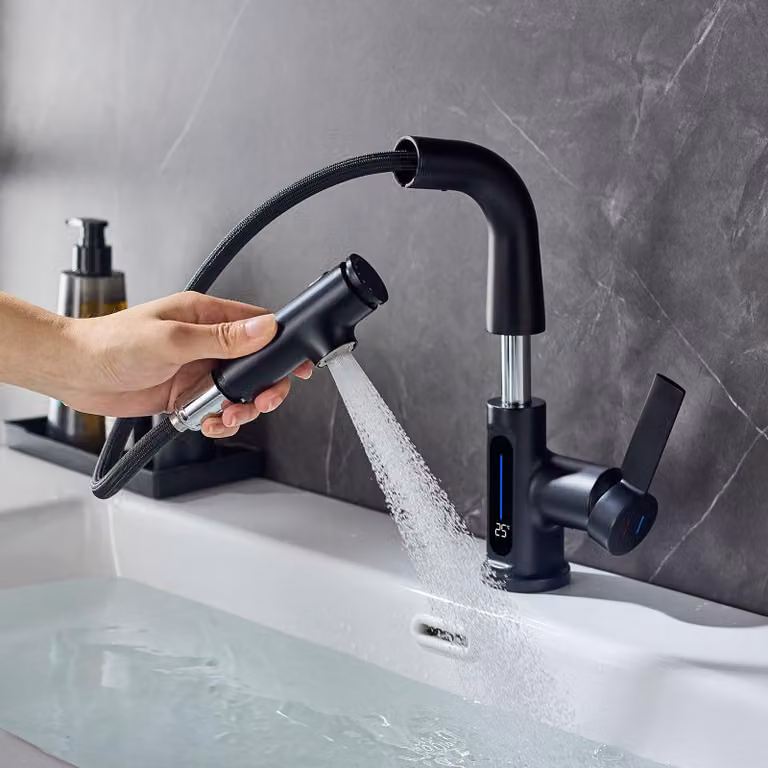 Miscelatore per lavabo con LED, estraibile, con 3 tipi di getto, finitura nero opaco