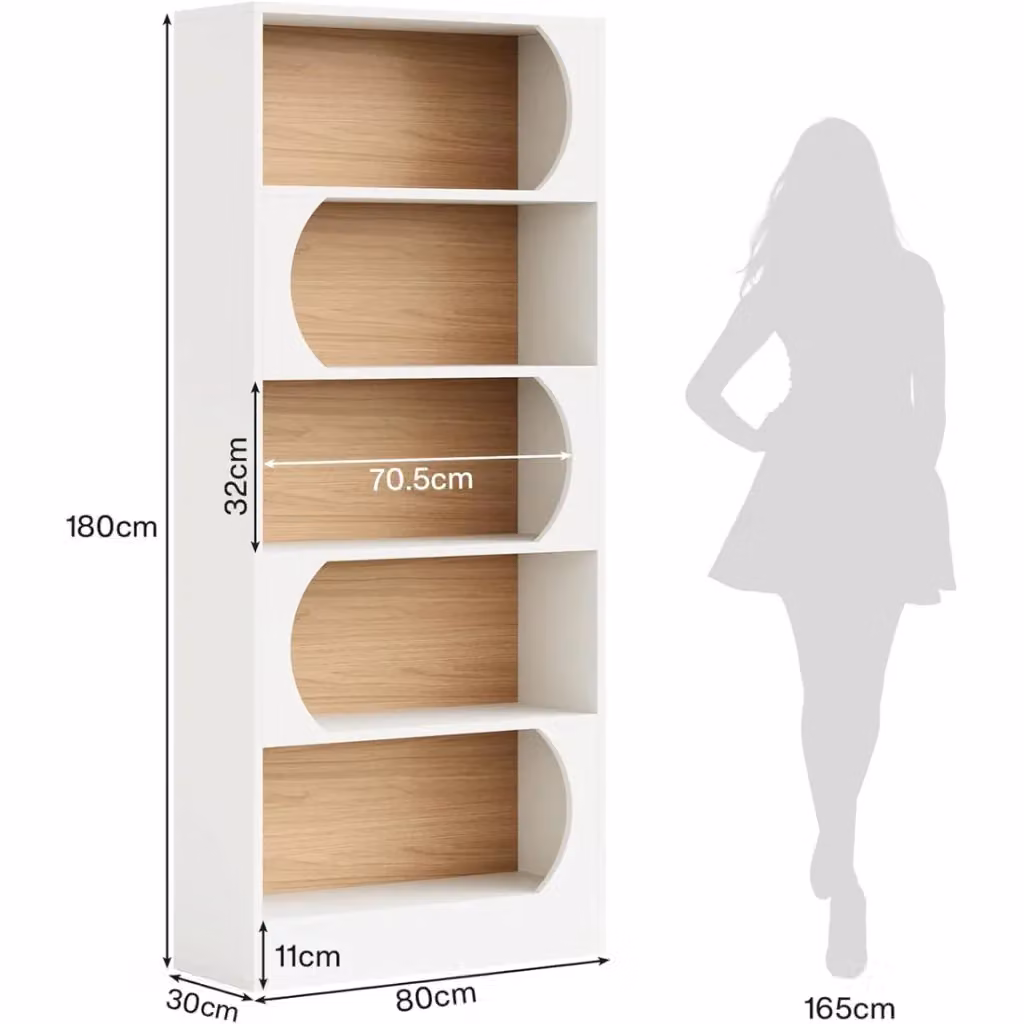 Libreria REDOM moderna con 5 ripiani in MDF bianco opaco, freestanding con pannello posteriore – 2