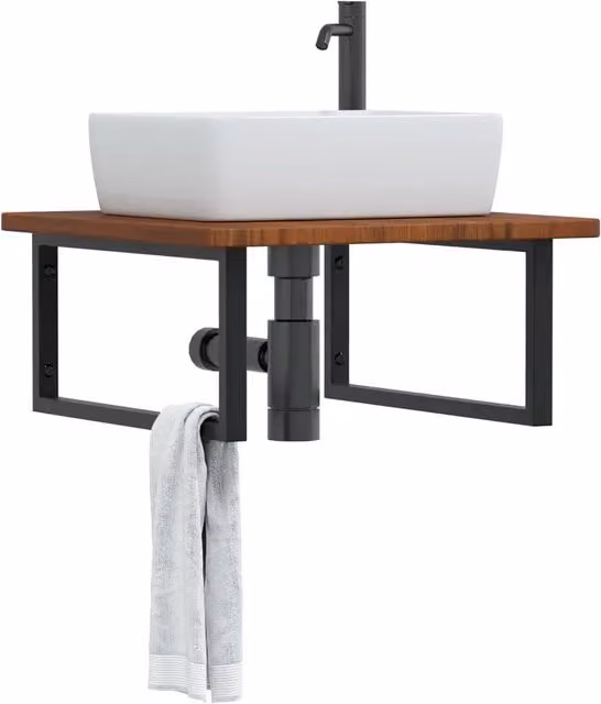 Ripiano da parete per lavabo vidaXL in legno di rovere e metallo nero, L: 60 cm, P: 30 cm, H: 2,5 cm