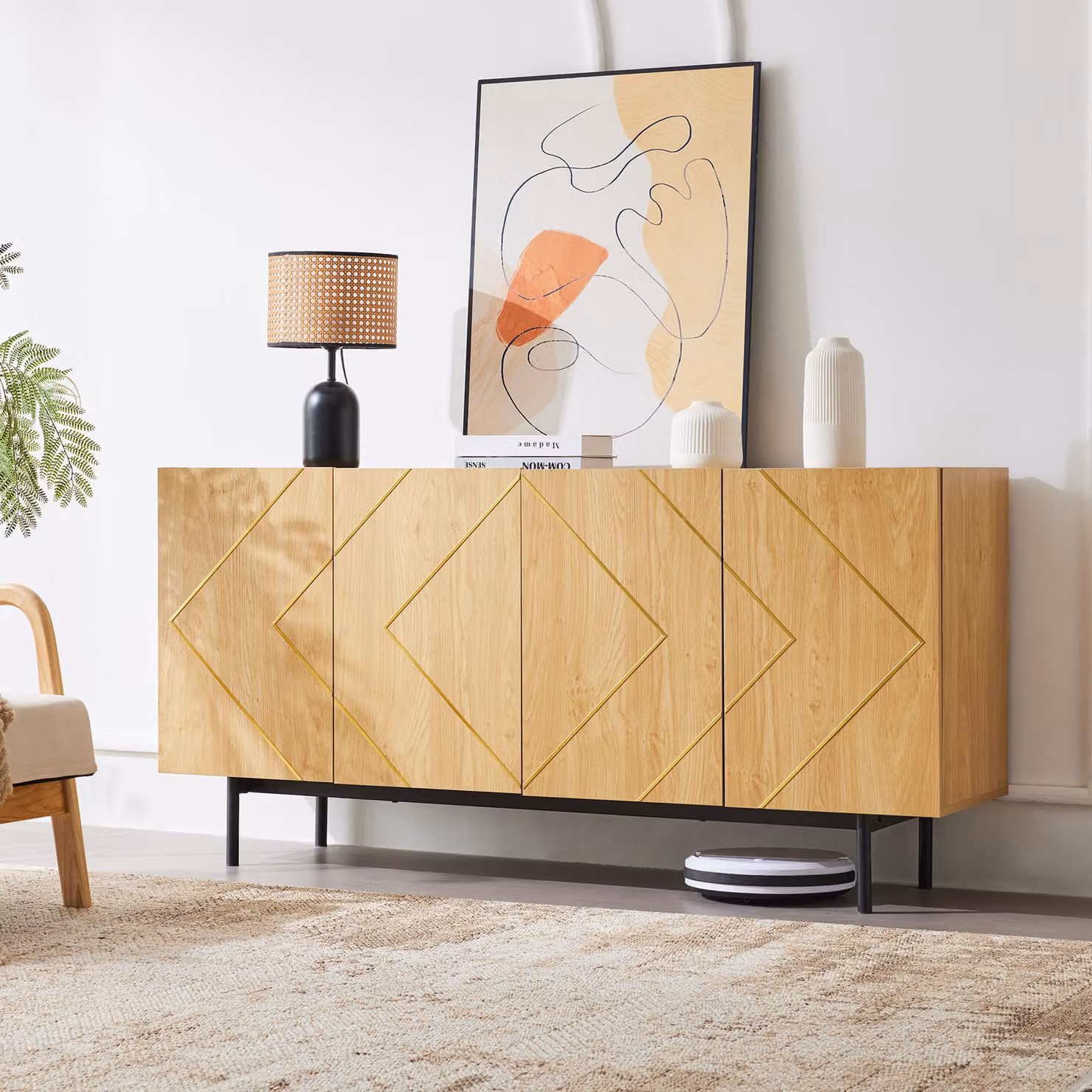 MODFU: cassettiera in legno, mobile aggiuntivo con 4 ante e ripiani regolabili, mobile contenitore con piedini alti 18 cm, design senza maniglie, 160 × 40 × 78 cm