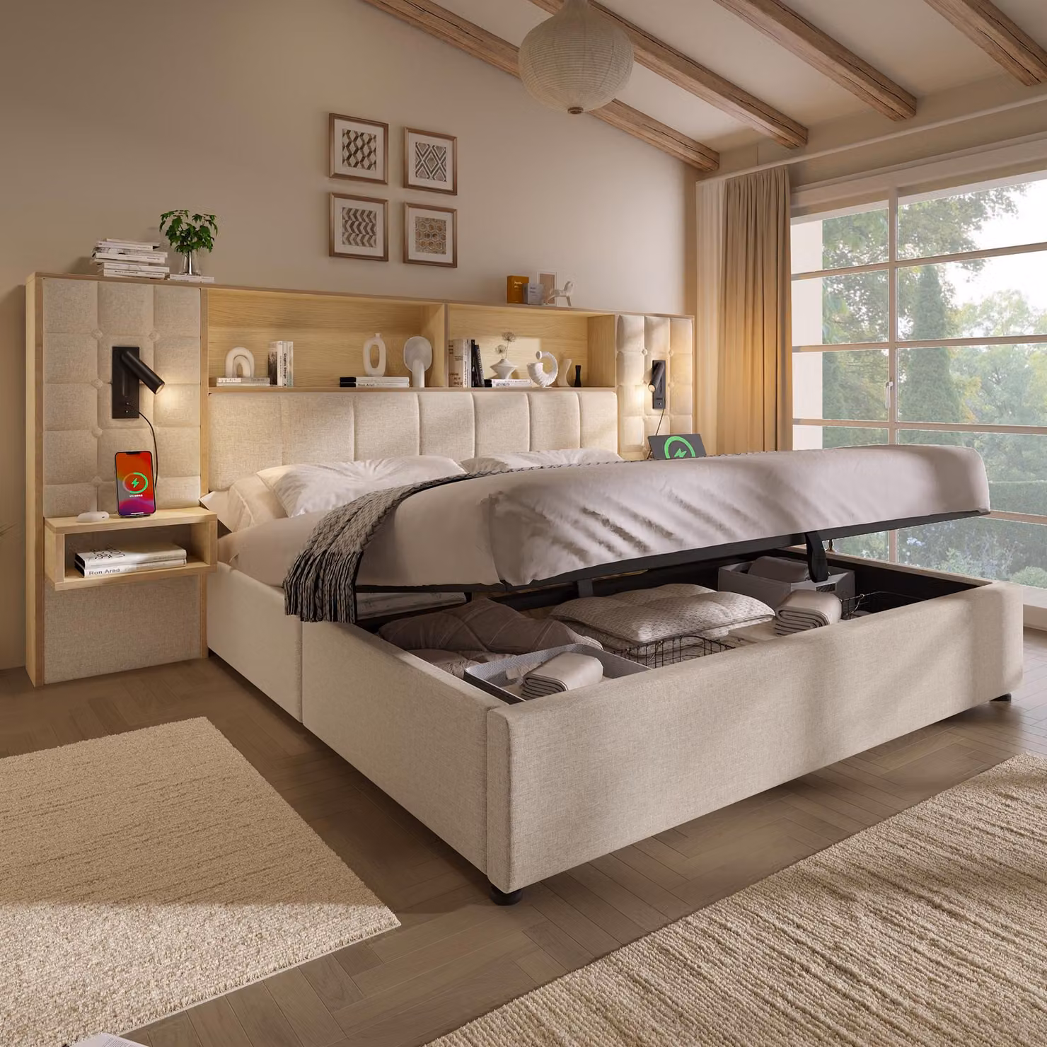 Letto imbottito 180x200 con spazio contenitore, struttura letto beige, illuminazione LED e 2 lampade da lettura, 2 comodini integrati, porta di ricarica USB Type-C, rivestito in lino, include rete a doghe, senza materasso, colore beige